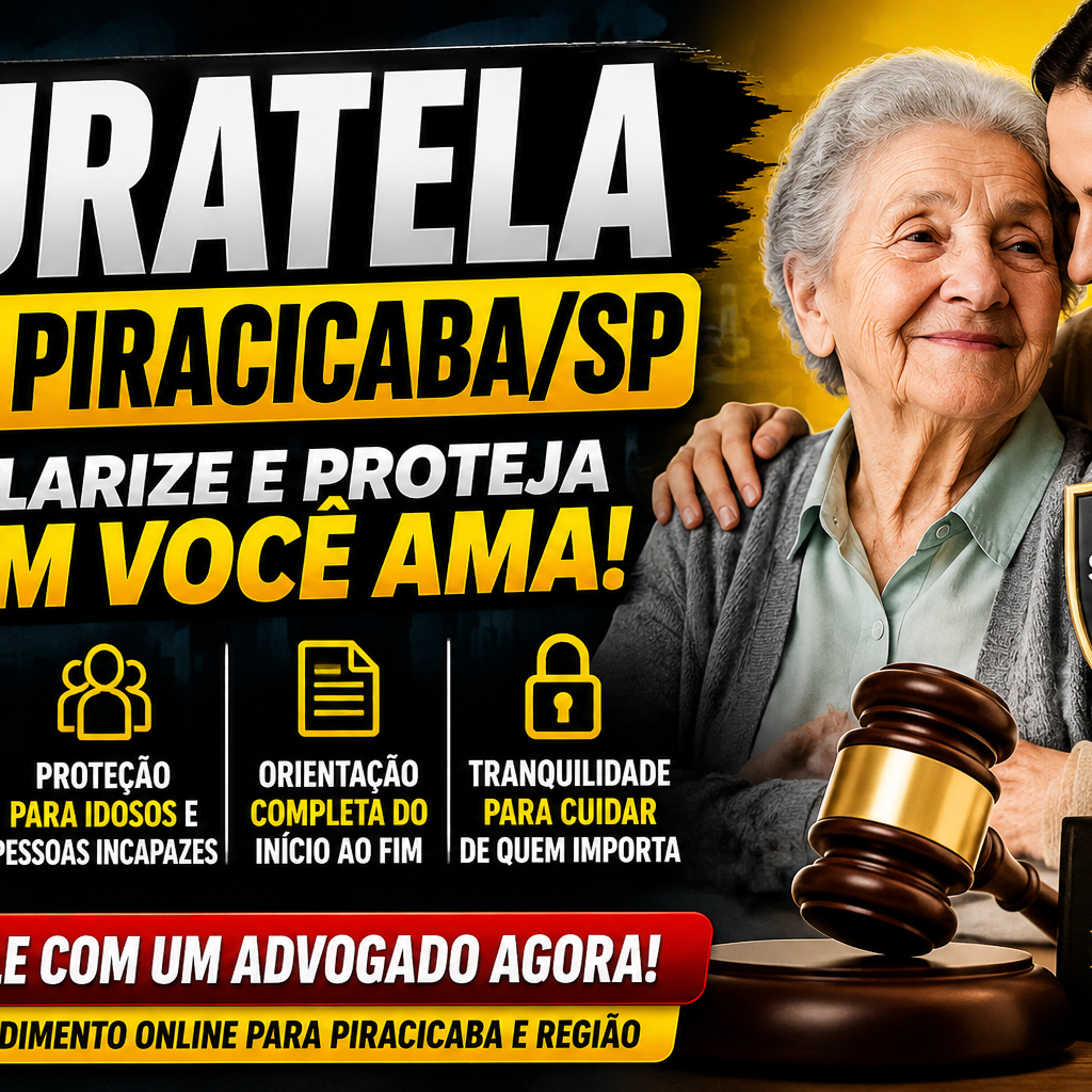 Thumbnail sobre curatela em Piracicaba SP com advogado, idosa e chamada para regularização judicial e proteção familiar.