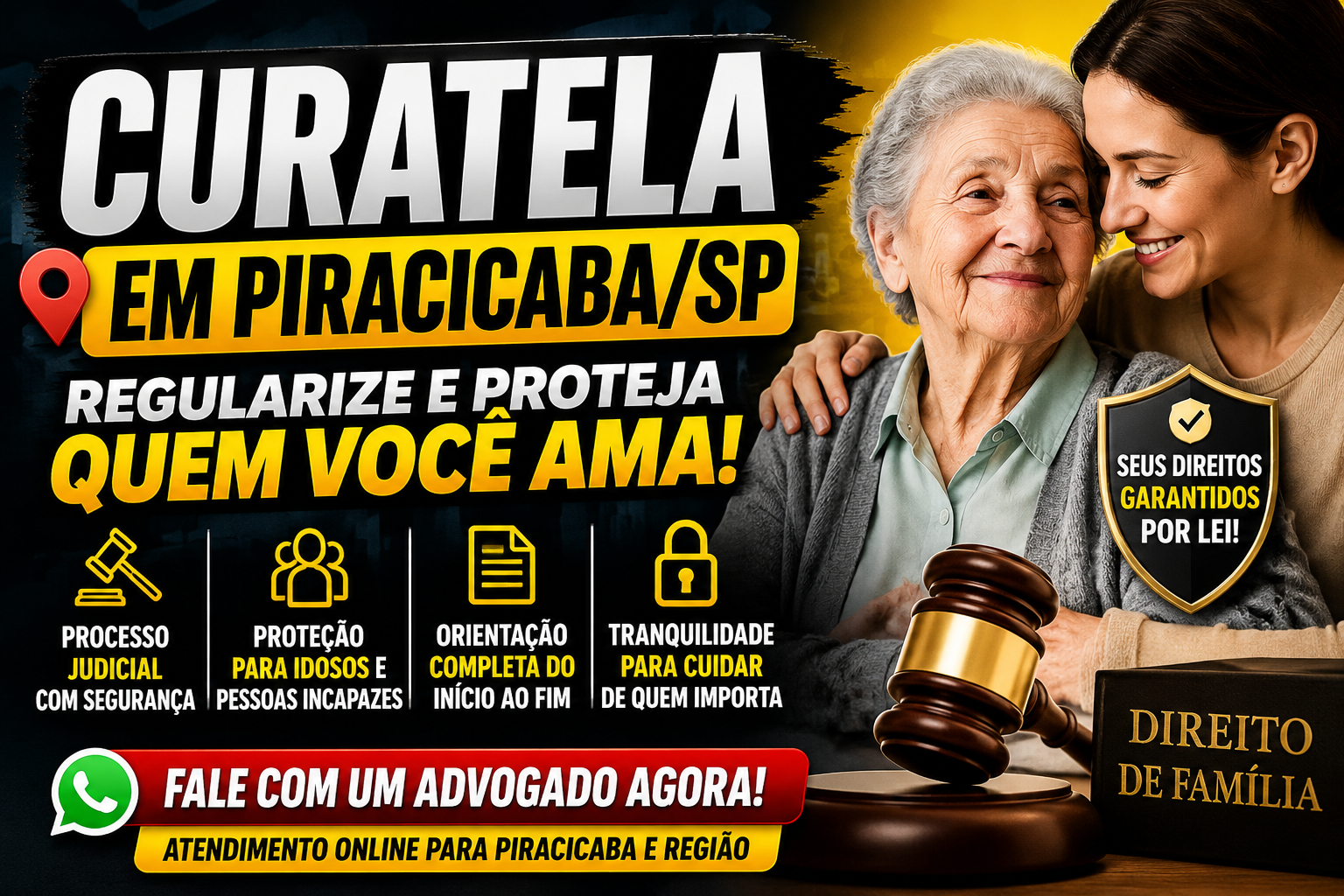 Thumbnail sobre curatela em Piracicaba SP com advogado, idosa e chamada para regularização judicial e proteção familiar.