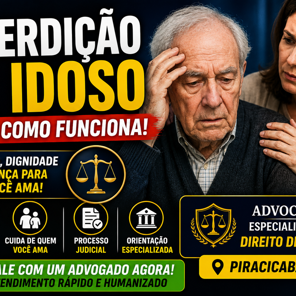 Thumbnail sobre interdição de idoso em Piracicaba SP com familiar preocupado e orientação jurídica sobre proteção e representação legal.