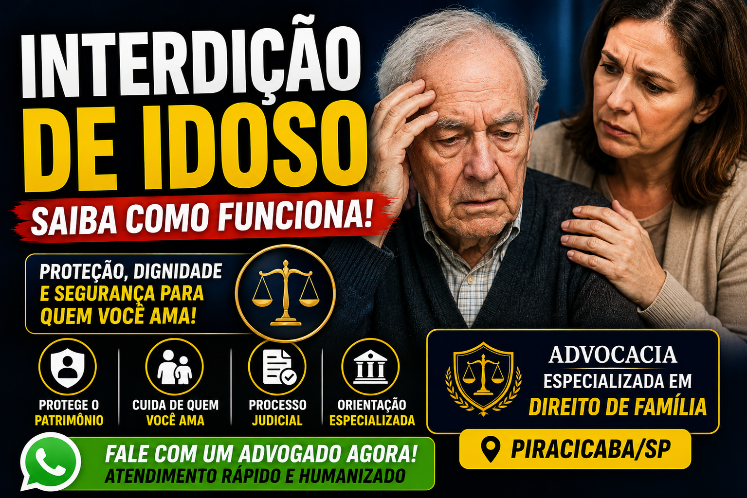 Thumbnail sobre interdição de idoso em Piracicaba SP com familiar preocupado e orientação jurídica sobre proteção e representação legal.
