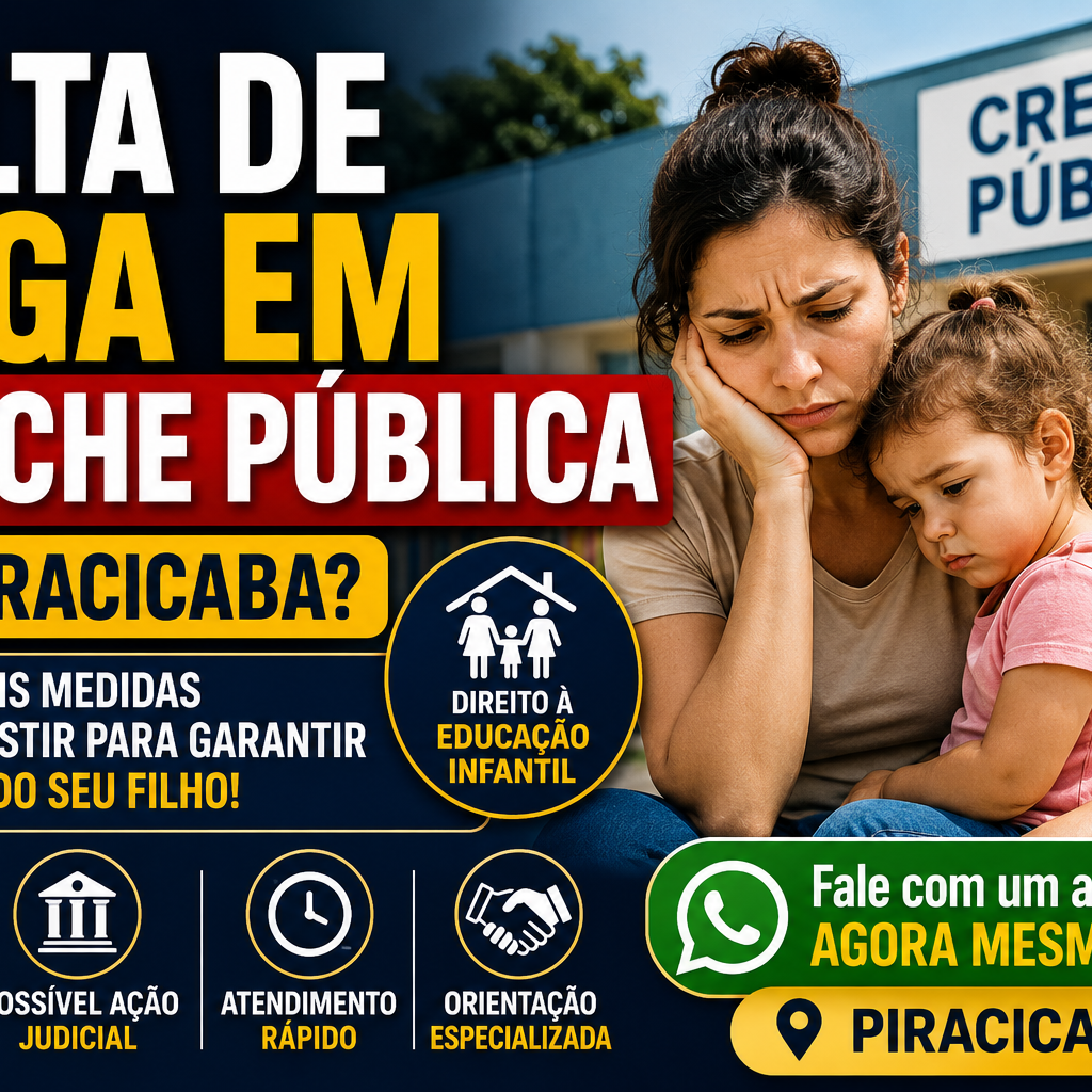Thumbnail sobre falta de vaga em creche pública em Piracicaba SP com mãe preocupada e criança em frente a creche municipal.