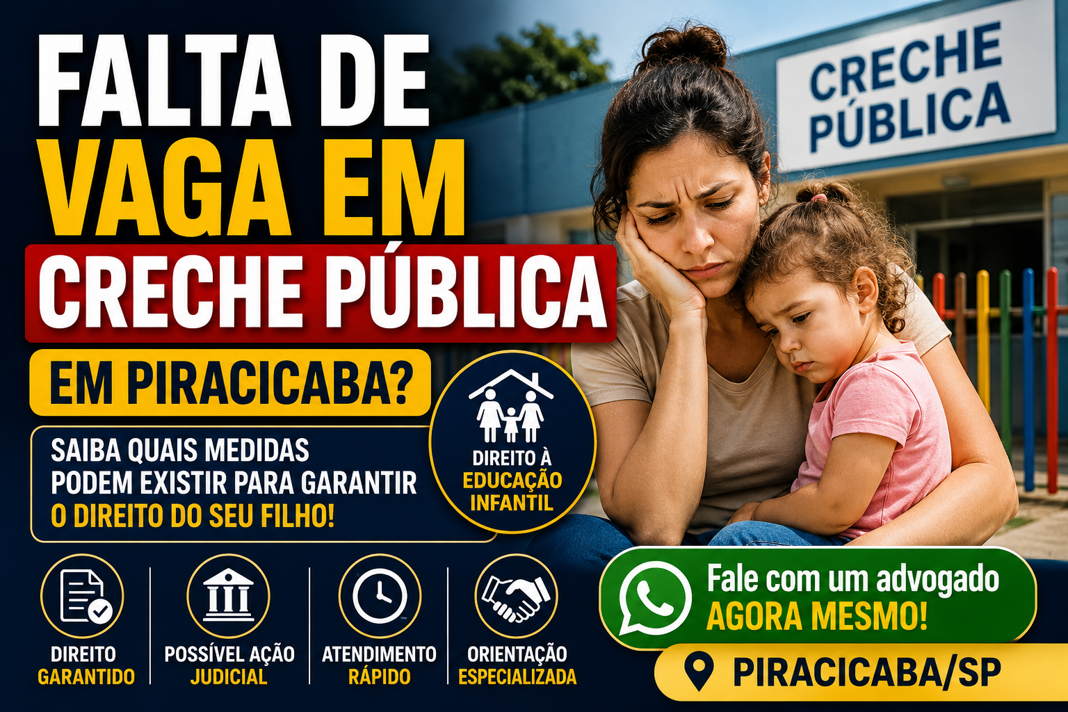 Thumbnail sobre falta de vaga em creche pública em Piracicaba SP com mãe preocupada e criança em frente a creche municipal.