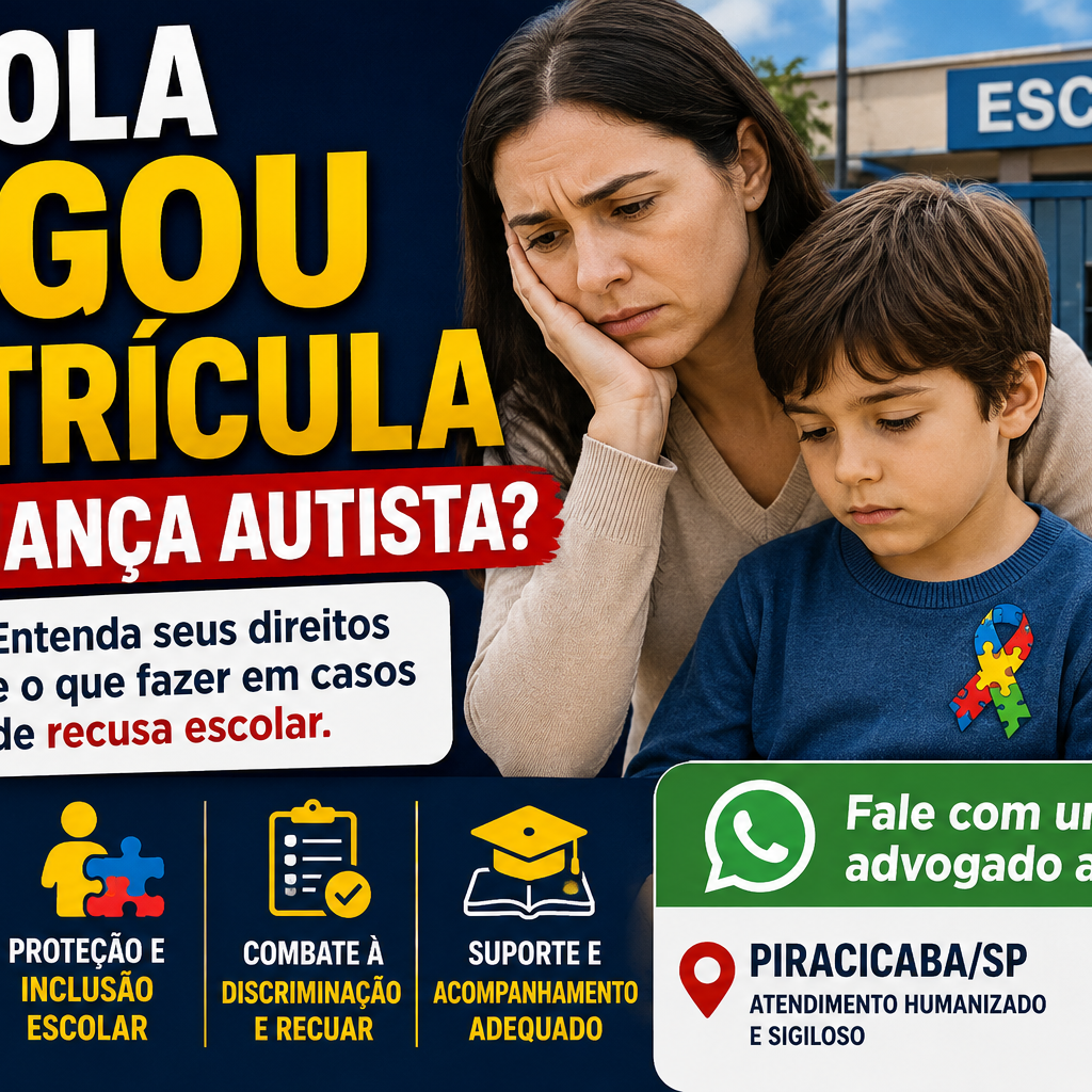 Thumbnail sobre escola negando matrícula de criança autista em Piracicaba SP com mãe preocupada e temática de inclusão escolar.