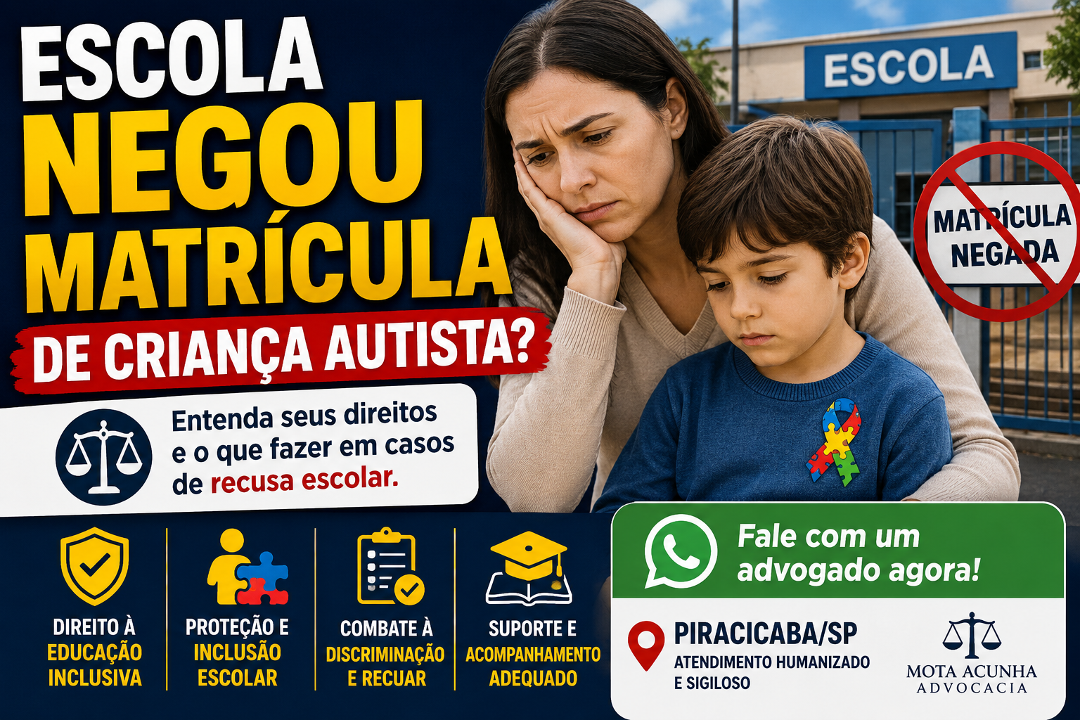 Thumbnail sobre escola negando matrícula de criança autista em Piracicaba SP com mãe preocupada e temática de inclusão escolar.