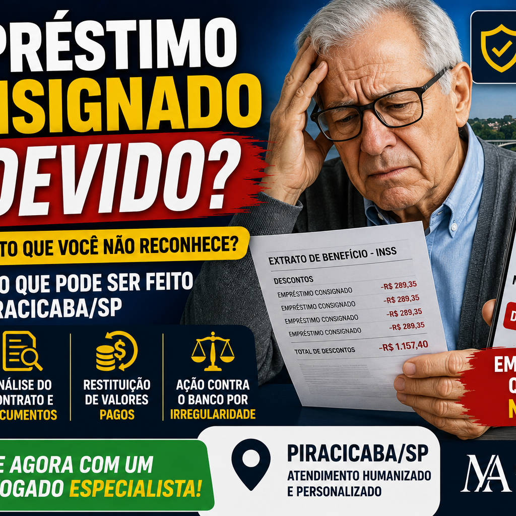 Thumbnail sobre empréstimo consignado indevido em Piracicaba SP com aposentado preocupado analisando descontos não reconhecidos no benefício do INSS.