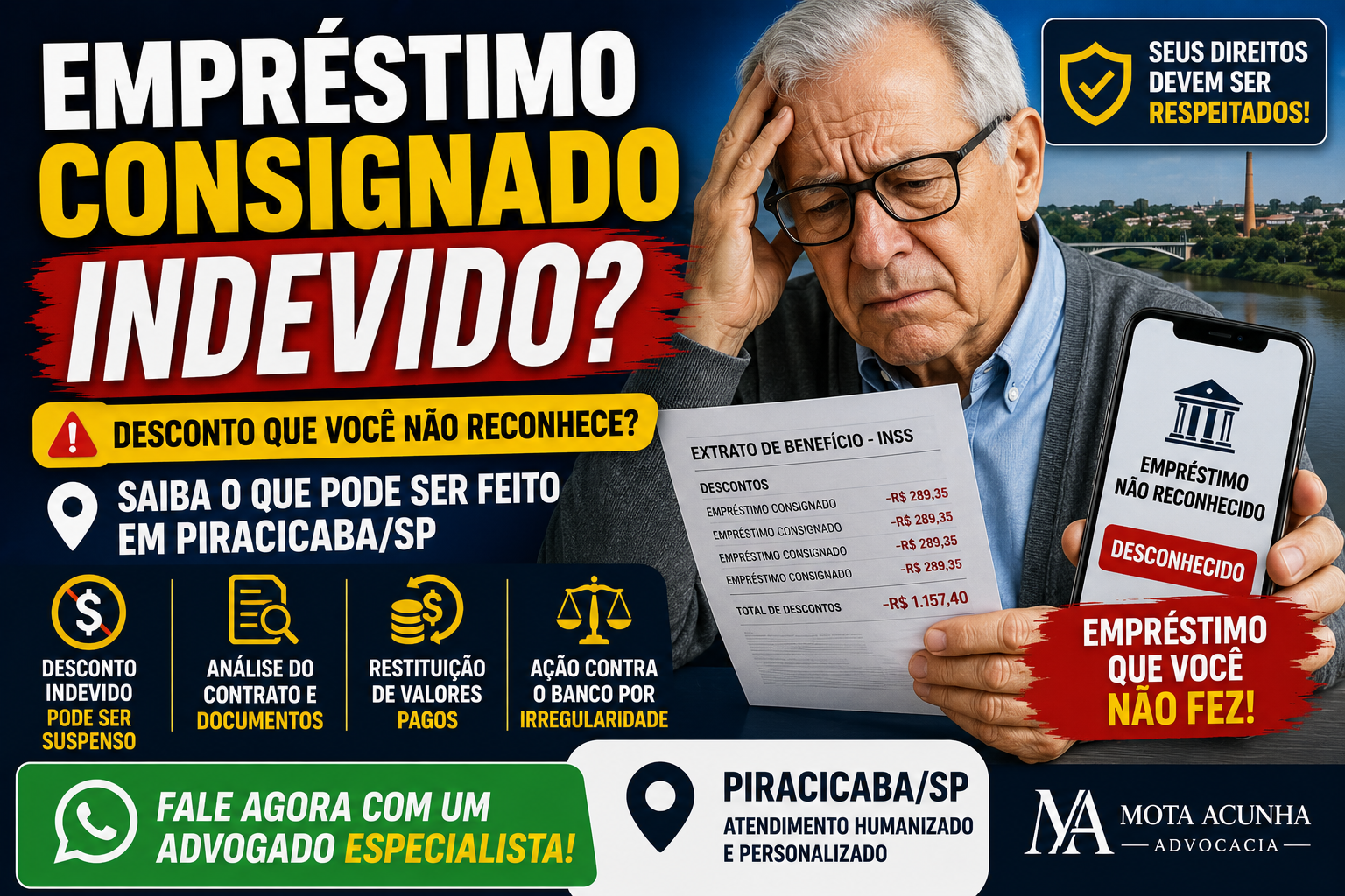 Thumbnail sobre empréstimo consignado indevido em Piracicaba SP com aposentado preocupado analisando descontos não reconhecidos no benefício do INSS.