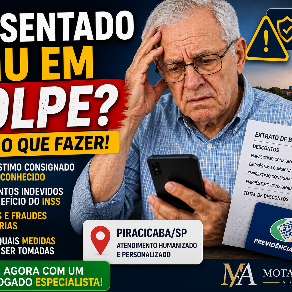 Thumbnail sobre aposentado vítima de golpe financeiro em Piracicaba SP com idoso preocupado analisando descontos indevidos no benefício do INSS.