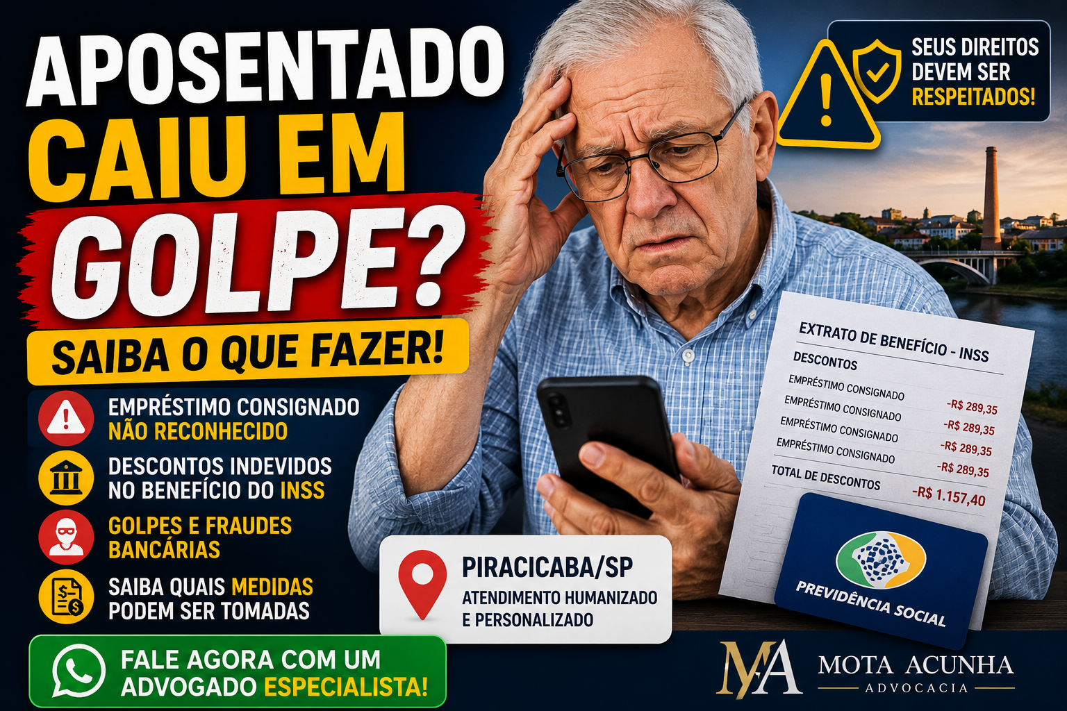 Thumbnail sobre aposentado vítima de golpe financeiro em Piracicaba SP com idoso preocupado analisando descontos indevidos no benefício do INSS.