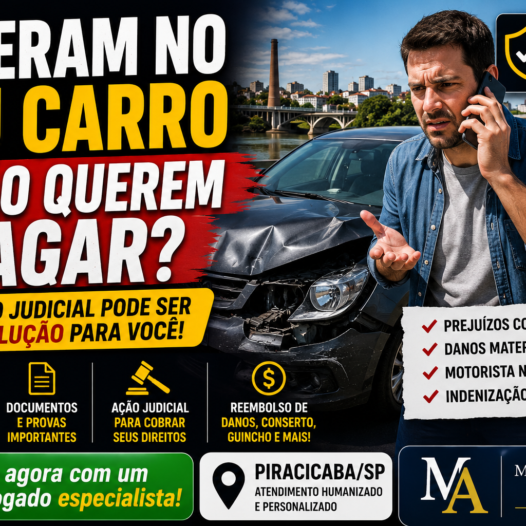 Thumbnail sobre acidente de trânsito em Piracicaba SP com carro batido e motorista preocupado após prejuízo no veículo.