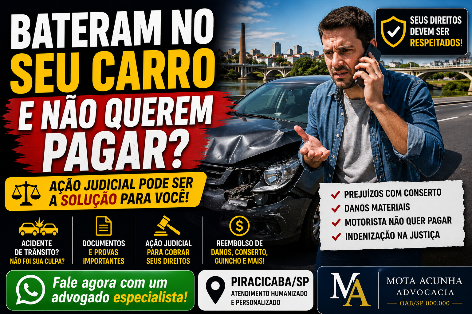 Thumbnail sobre acidente de trânsito em Piracicaba SP com carro batido e motorista preocupado após prejuízo no veículo.