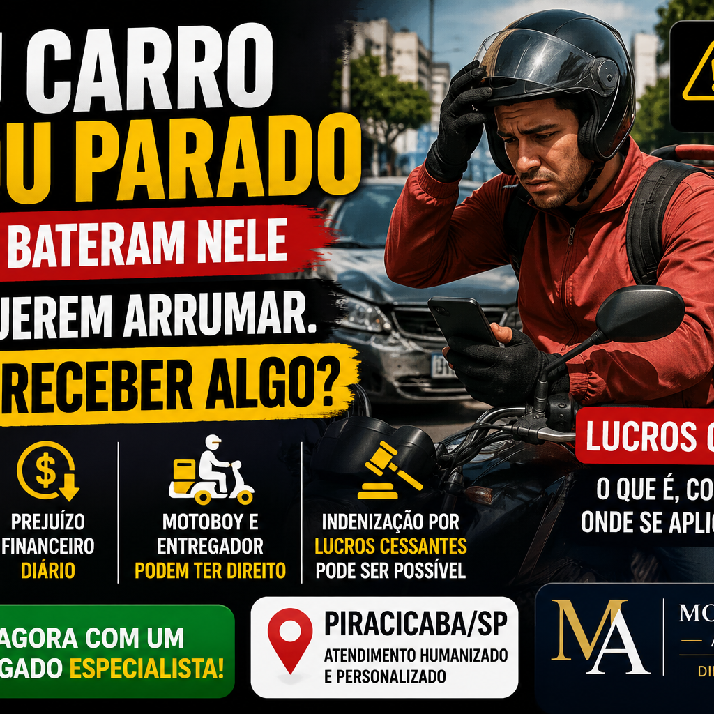 Thumbnail sobre motoboy e entregador com moto parada após acidente de trânsito em Piracicaba SP e prejuízo financeiro por dias sem trabalhar.