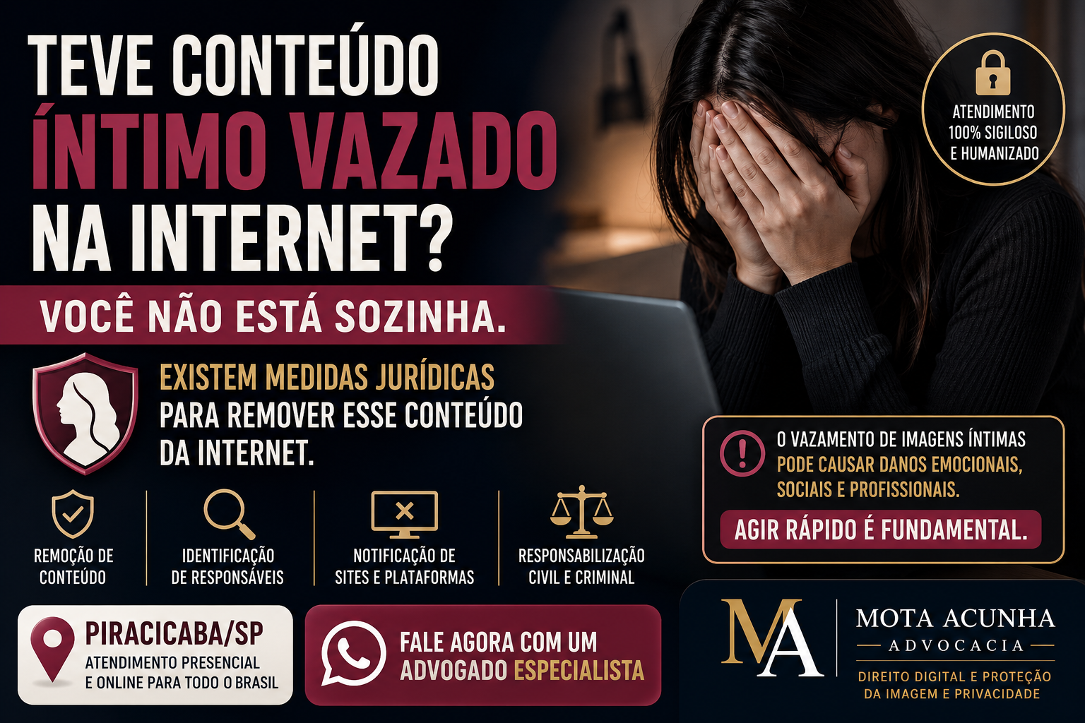 Thumbnail sobre pornografia de vingança em Piracicaba SP com mulher emocionalmente abalada após vazamento de fotos e vídeos íntimos.