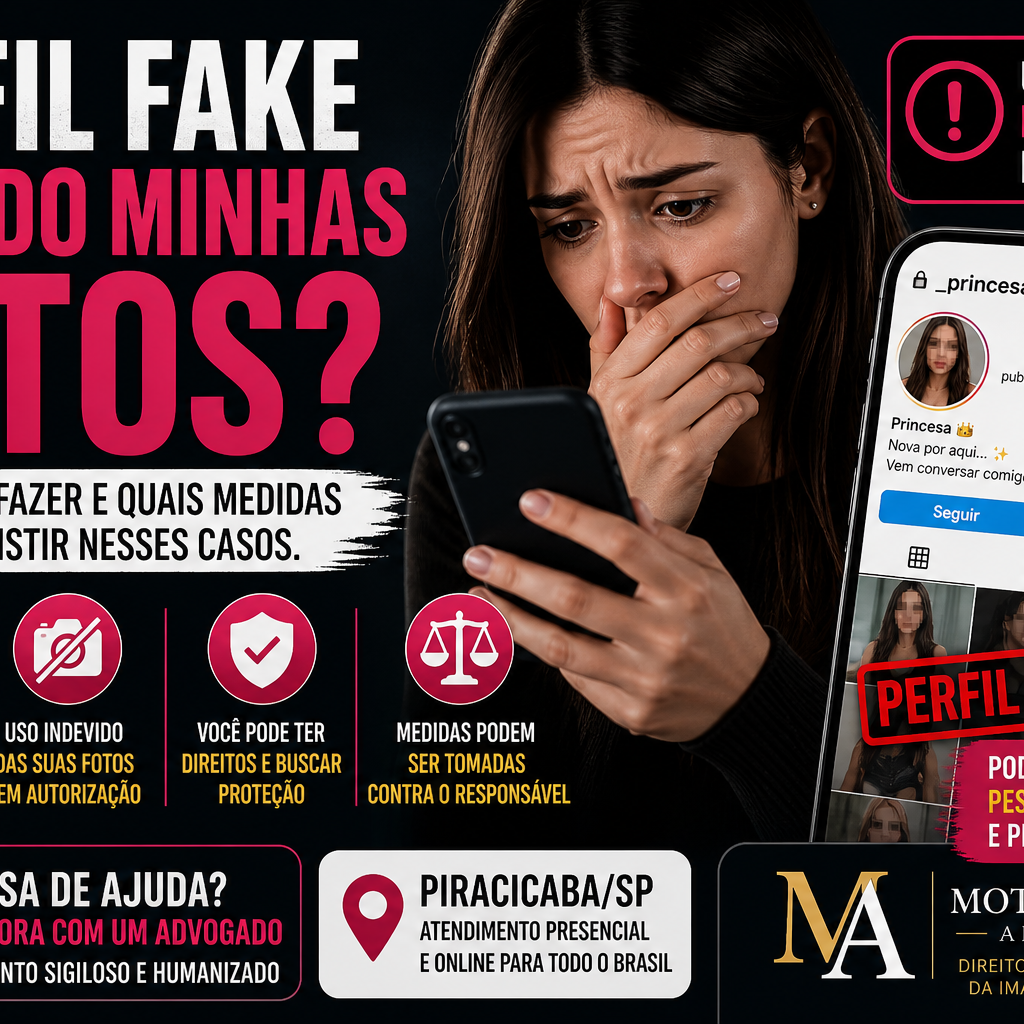 Thumbnail sobre perfil fake usando fotos de mulher na internet em Piracicaba SP com vítima preocupada ao descobrir perfil falso nas redes sociais.