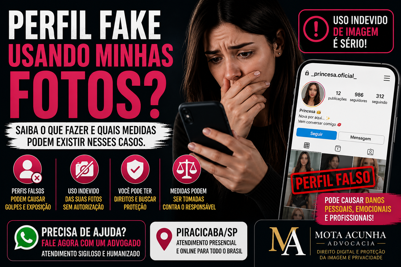 Thumbnail sobre perfil fake usando fotos de mulher na internet em Piracicaba SP com vítima preocupada ao descobrir perfil falso nas redes sociais.
