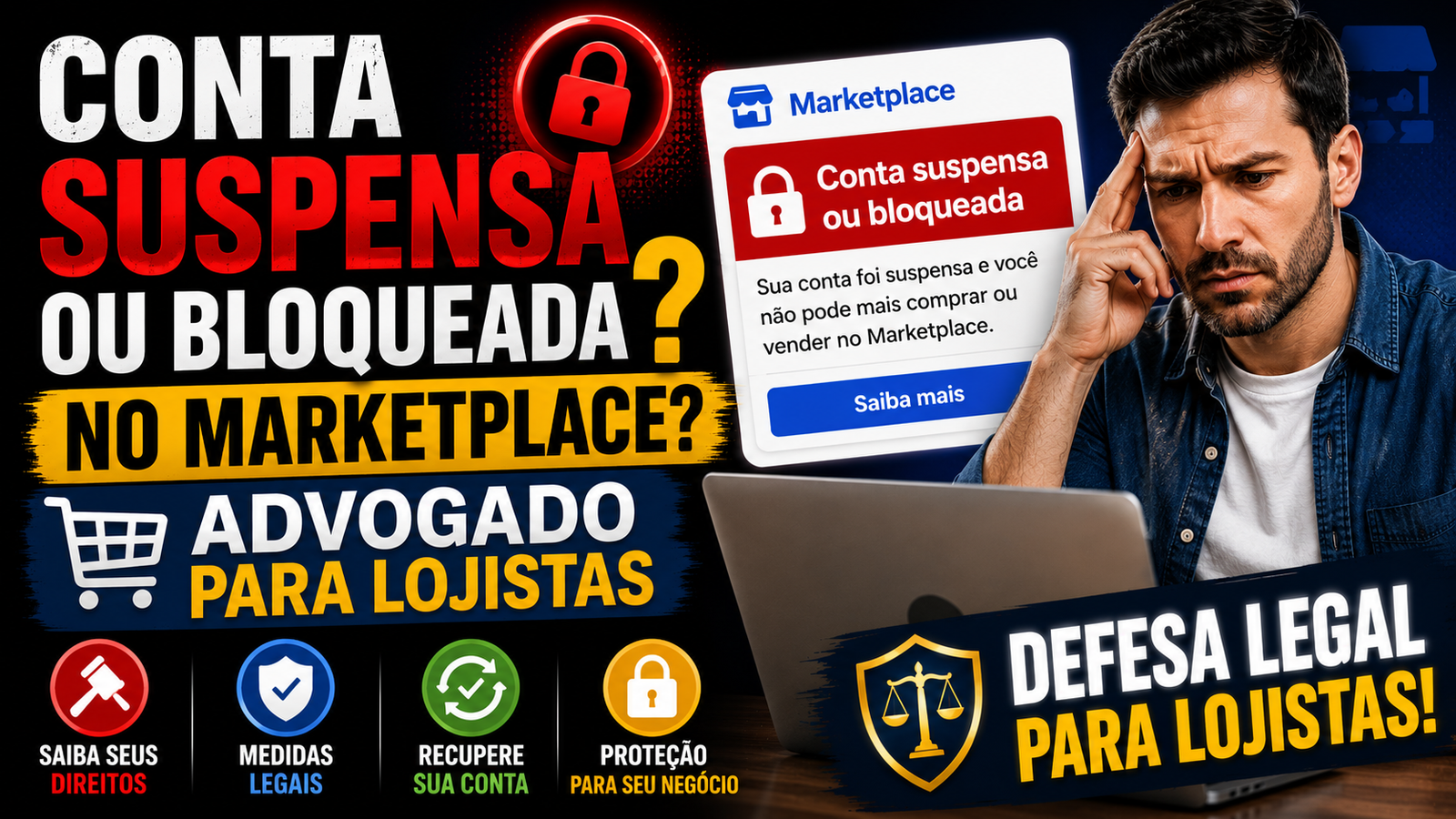 marketplace bloqueou minha conta, marketplace reteve meu dinheiro, marketplace não libera saldo, como liberar saldo retido marketplace, recuperar conta marketplace judicialmente, direitos do lojista marketplace, termos de uso marketplace suspensão, loja parada marketplace prejudicado, Mota Acunha Advocacia